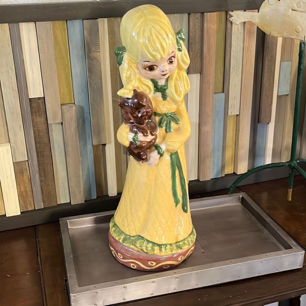 Vintage Girl Big brown eyes and teddy bear 10 1/2 statue, yellow dress